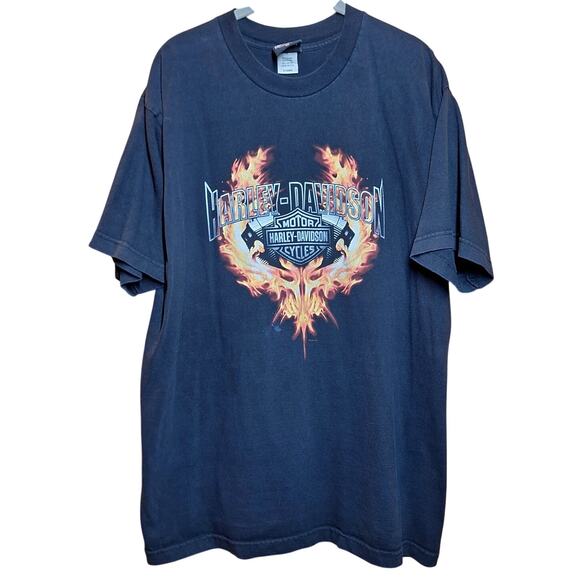 Harley Davidson vintage double sided graphic tee Mens XL Y2K Flaming engine fire - Picture 1 of 6